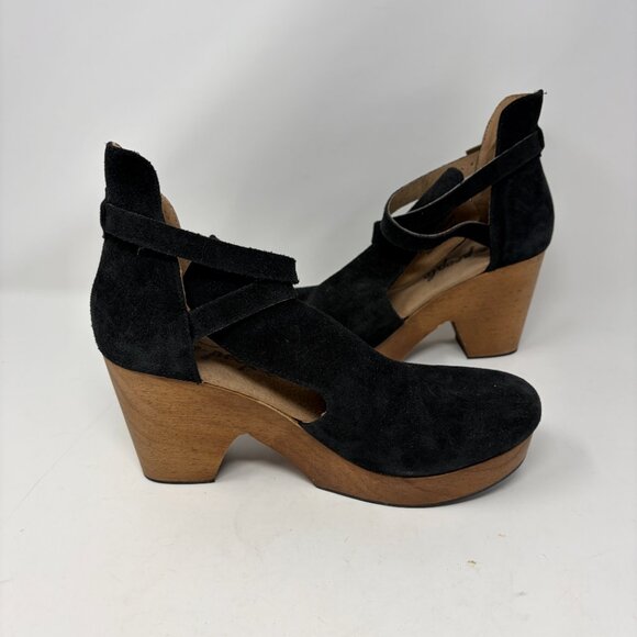 Free People women's Cedar Clogs 40 black suede wood heel wedge - Picture 6 of 9